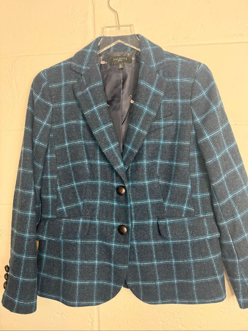 Talbots Petites Women’s 10P Blue Plaid Wool Blend Blazer Duck Lining Preppy